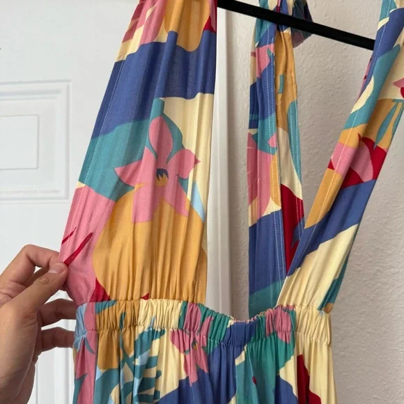 NWT ELF HANDMADE multicolor‎ floral tropical halter neck backless rayon jumpsuit